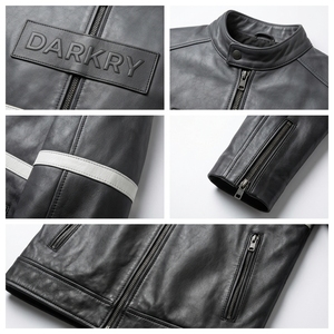 Blouson en cuir noir pour homme avec rayures crème sur la poitrine, col à boutons-pression, style motard, en cuir de vachette véritable, vente en gros, exportateur d'usine - Product Image 6