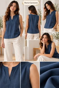Camiseta sin Mangas Azul, Transpirable, de Lino/Algodón, Cuello en V Plisado, Corte Regular, Ropa Casual de Verano para Mujer, Ropa de Gimnasio Personalizada - Product Image 6