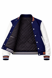 Men's Blue White Varsity Jacket Preppy Style Turn-down Collar Button Front Regular Fit Winter Outerwear Genuine Leather Shell - Product Image 2