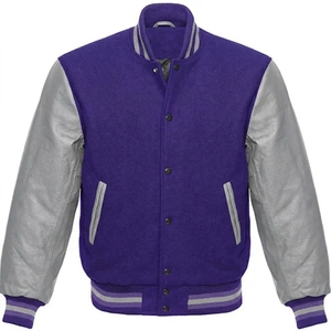 <b>Men's</b> <b>Purple</b> Varsity Jacket Color Block Wool Body Leather Sleeves Stand Collar Button Up Winter Coat - Product Image 1
