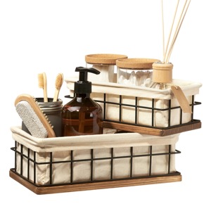 Modern Rectangular Metal <b>Storage</b> <b>Basket</b> With Wood Base Minimalist Design For Bathroom Organization Easy Cleaning - Product Image 2