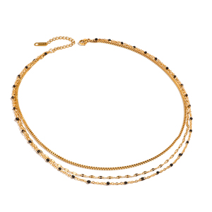 Womens Stainless Steel 3-Tier Mini Black Enamel Bead <b>Rope</b> <b>Chain</b> 14K Gold Plated 18inches Wedding Necklace - Product Image 5