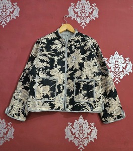 Indian Handmade <b>Knitted</b> Cotton Quilted Reversible <b>Animal</b> Print Three Quarter Sleeve Turn-down Collar 200g Women's Jacket - Product Image 1