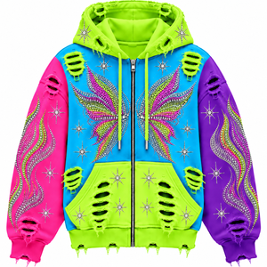 เสื้อฮู้ดดี้ประดับคริสตัลหลากสี ดีไซน์บล็อกสีแบบกำหนดเอง สไตล์วินเทจ Y2K พร้อมลายผีเสื้อคริสตัล - Product Image 6