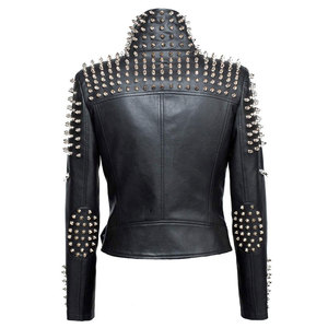 Chaqueta de Motocicleta para Mujer MAKUM INTERNATIONAL, Negra, de Cuero Genuino, con Cuello Camisero, Cierre de Cremallera, Remaches, Transpirable, con Forro Grueso de Algodón - Product Image 2