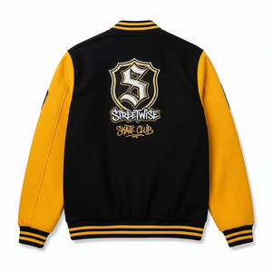 เสื้อแจ็คเก็ตสตรีทไวส์ สเก็ต คลับ วาซารีสำหรับผู้ชาย สีดำ-เหลือง ปักลายแบบแพทช์เวิร์ค สไตล์สตรีทแวร์ สำหรับฤดูใบไม้ร่วง ทรงปกติ ปกเสื้อแบบพับได้ - Product Image 4