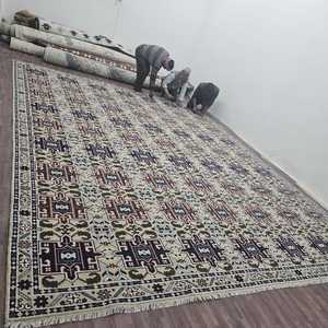 พรมขนสัตว์ถักมือ ลายเรขาคณิตชนเผ่า สีครีม น้ำเงิน น้ำตาล พรมแบบดั้งเดิม ตกแต่งบ้าน ห้องนั่งเล่น ห้องนอน - Product Image 4