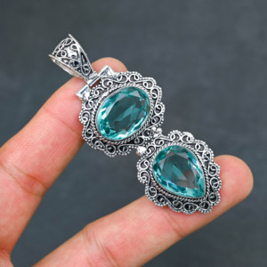 <b>Top</b> Quality Sparkling LAB-CREATED Hot Sell Blue Topaz Solid 925 Sterling <b>Silver</b> Plated Designer 2.20" Pendant Women's Wholesale - Product Image 2