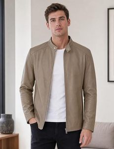 Chaqueta de Cuero PU para Hombre, Corte Entallado, Cuello Alto, Cierre de Cremallera, Color Beige Sólido, Largo Regular, Estilo Casual para Otoño - Product Image 2