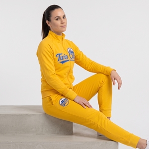 Ensemble de survêtement en molleton jaune personnalisé pour femme, sweat-shirt à col haut et fermeture éclair intégrale, pantalon de jogging à taille élastique, tenue de sport deux pièces - Product Image 1