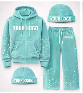 Custom Logo Winter Breathable 100% Cotton Pink Rhinestone Zip Streetwear Hoodie <b>Jogger</b> Sweatsuit <b>Set</b> <b>Matching</b> Beanie Men - Product Image 4