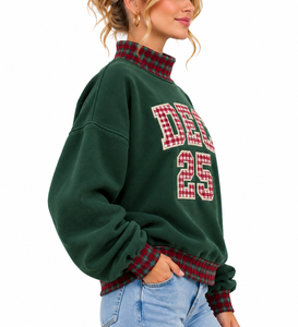 OEM <b>Women's</b> Oversized Mock Neck <b>Sweatshirt</b> Custom <b>Christmas</b> ghingham Letter Applique Embroidery Plaid Fabric Casual Pullover - Product Image 6