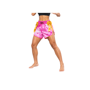 Shakargarh International Pink Sublimated Muay Thai <b>Shorts</b> With Yellow Bows For <b>Kickboxing</b> Training - Product Image 5