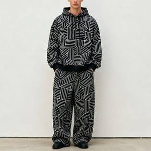 Men's Black White Solid Windproof 100% Cotton Hooded Tracksuit <b>Set</b> Full Sleeve Drawstring Pants Sweatshirt Regular Fit - Product Image 5