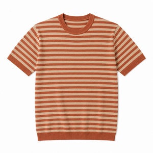 Camiseta de punto a rayas teñidas para hombre, manga corta, cuello redondo, corte ajustado, informal, para verano, OEM ODM, venta al por mayor con estampado - Product Image 1