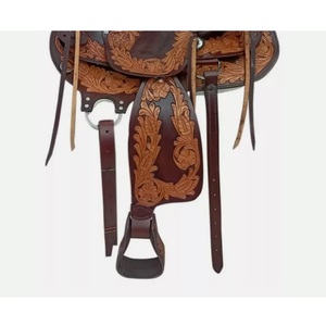 Silla de montar Western Wade de cuero marrón oscuro con diseño floral grabado a mano, asiento acolchado, correas de latigo y juego de arreos, 10-18 pulgadas - Product Image 2