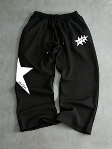 Pantalones Deportivos Negros para Hombre, con Estampado de Texto y Estrellas, Estilo Hip Hop, Cintura Elástica con Cordón, Pantalones Casuales Holgados - Product Image 2