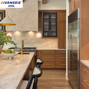 Armoire de cuisine moderne en bois bicolore de luxe, écologique, sur mesure, finition noyer chaud américain, cadre noir, portes en verre cannelé - Product Image 3