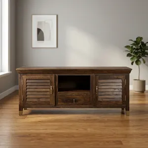 Meuble TV en bois avec placards de rangement, étagère ouverte et tiroir – Meuble de divertissement rustique pour salon - Product Image 1