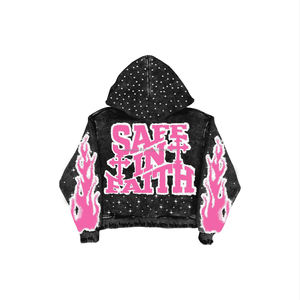 ชุดเซ็ตเสื้อฮู้ดซิปและกางเกงสเวตแพนท์ทรงขาบานลายกราฟิกแบบฟaded สไตล์สตรีทแวร์ ประดับคริสตัล ล้างสีแบบ Acid Wash ผ้าฝ้าย ชุดวอร์มทรงขาบานสำหรับผู้ชาย - Product Image 3