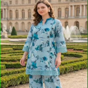 Conjunto coordinado de algodón azul polvo con estampado floral Schiffli - Product Image 1