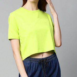 <b>Women's</b> <b>Neon</b> Green Canvas Crop Top Short Sleeve Crew Neck Asymmetric Regular Fit Casual Eco-Friendly Breathable 100% Cotton - Product Image 1