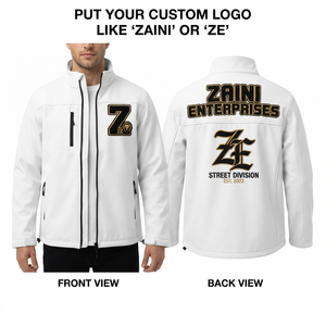 ZAINI <b>Men</b> Premium 220 GSM Softshell <b>Jacket</b> Water Resistant Windproof Breathable Eco-Friendly Hooded <b>White</b> Black Panel Design - Product Image 1