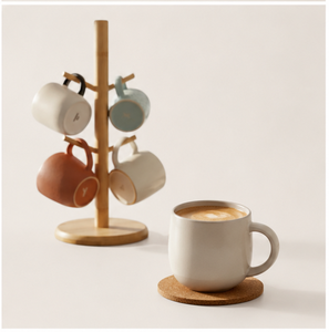 Porte-tasses moderne et écologique en bois naturel avec 6 crochets, support de comptoir robuste fait main pour tasses à café, organisateur de cuisine - Product Image 4