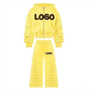 Custom Kids Rhinestone Tracksuit 100 Percent Cotton <b>Zip</b> Up Hoodie Wide Leg Sweatpants Set Winter Streetwear OEM - Product Image 3