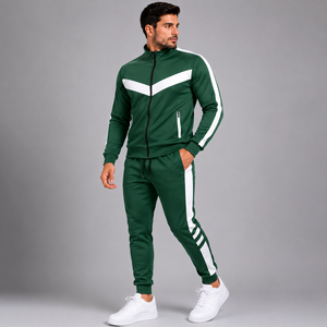 Survêtements sportifs pour hommes de haute qualité, couleur verte, manches longues, fermeture éclair, blocs de couleur, poches latérales, respirants, coupe régulière, pour le printemps - Product Image 1