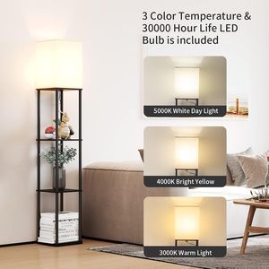 Lampada da Terra Moderna Quadrata con Lampadina a 3 Temperature di Colore, Nera con Ripiani - Product Image 2