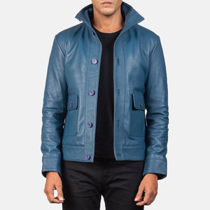 Veste en cuir véritable bleue pour homme, col montant, fermeture à boutons, style décontracté, coupe ajustée, longueur standard, pour l'automne - Product Image 5