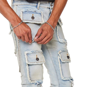 Pantalones Vaqueros Cargo para Hombre, con Múltiples Bolsillos, Detalle de Cadena, Lavado Desgastado, Estilo Hip Hop, Primavera, Algodón, Corte Regular - Product Image 2