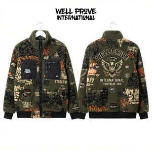 Veste Sherpa Premium 450 GSM Olive Graffiti avec empiècements contrastants sur les poches, pour homme, respirante, col rabattable, fermeture éclair, automne - Product Image 1