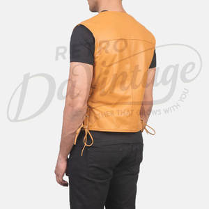 Chaleco de Cuero Genuino Amarillo Mostaza Personalizado para Hombre, Corte Ajustado, Cuello en V, Cierre de Cremallera, Sin Mangas, Estilo Motero - Product Image 2