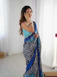 Sari indien pour femme, bleu, imprimé floral et zèbre, en polyester, coupe droite, longueur ras du sol, style ethnique, pour tenue décontractée - Product Image 5