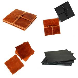 Handmade Genuine Leather Coaster Set with Holder Square Drink Mats Durable Cowhide <b>Table</b> Surface <b>Protector</b> GLC-0055 - Product Image 6
