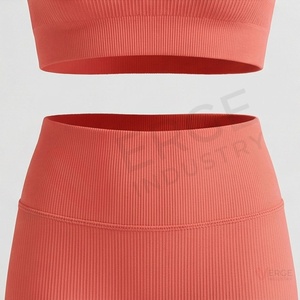 <b>Women</b> Coral Ribbed <b>Seamless</b> Yoga 2 Piece Set Scoop Neck Crop Top High Waist Full Length <b>Leggings</b> - Product Image 5
