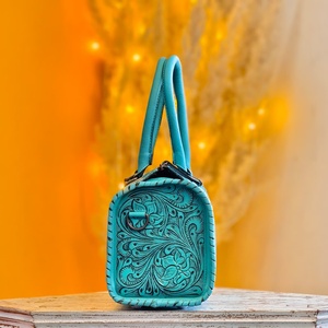 Sky Blue Color 100% Genuine Leather Sport Mini Speedy Duffle Bags Women's High Quality Water Resistant Floral Carved Single - Product Image 2
