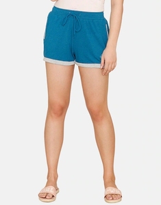 Shorts de Algodón Tejido Azul para Mujer, Cintura Media, Cordón Ajustable, Corte Regular Informal, Transpirable, Color Sólido - Product Image 1