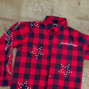 Autumn Breathable <b>Men's</b> Casual <b>Flannel</b> <b>Shirts</b> with Rhinestone Embellishments and Front/Back Logo - Product Image 2