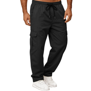 Pantalones Deportivos Cargo Negros para Hombre, Cintura Elástica con Cordón, Múltiples Bolsillos, Corte Recto Informal, Tela de Poliéster, Ropa de Otoño - Product Image 2