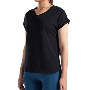 T-shirt pour femme à col en V, coupe ample, décontracté, respirant, en coton doux, pour le sport, le yoga, la course à pied, uni noir - Product Image 3