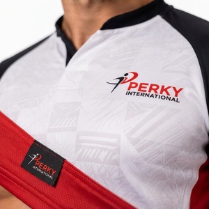 Maillot de rugby pour homme Perky International, manches courtes, ajusté, anti-transpiration, col en V, noir, rouge, blanc, imprimé par sublimation - Product Image 4