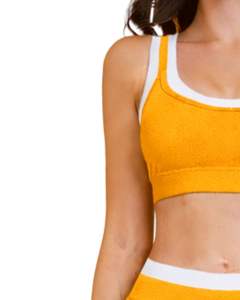 Women Mustard Yellow <b>White</b> Contrast Sports Bra And Flare Pants Set High Waist Stretch Yoga Fitness Gym Wear Custom OEM Wholesale - Product Image 4