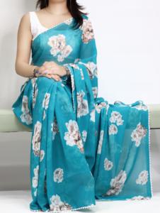 Sarees de Georgette con Estampado Floral en Varios Colores, Venta al Por Mayor, Prenda Tradicional India, Ligeros, con Borde de Encaje, Sarees de Chifón para Fiestas - Product Image 4