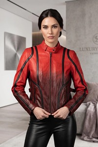 <b>Womens</b> Red Sheepskin <b>Leather</b> Biker <b>Jacket</b> Black Distressed <b>Moto</b> Style - Product Image 1