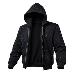 Sweat-shirt à capuche zippé noir pour homme avec strass, en molleton personnalisé, style streetwear décontracté avec poches avant - Product Image 2