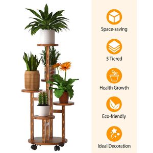 Support à plantes en bois à 5 niveaux avec 4 roulettes amovibles, étagère décorative intérieure/extérieure pour présentoir de plantes - Product Image 3
