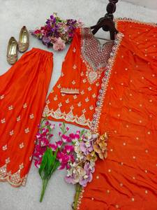 Ensemble Salwar en Rayonne Brodé Orange avec Dupatta, Coupe Ample, Tenue Traditionnelle Indienne et Pakistanaise pour Femme, Longueur au Sol, Toutes Saisons - Product Image 5